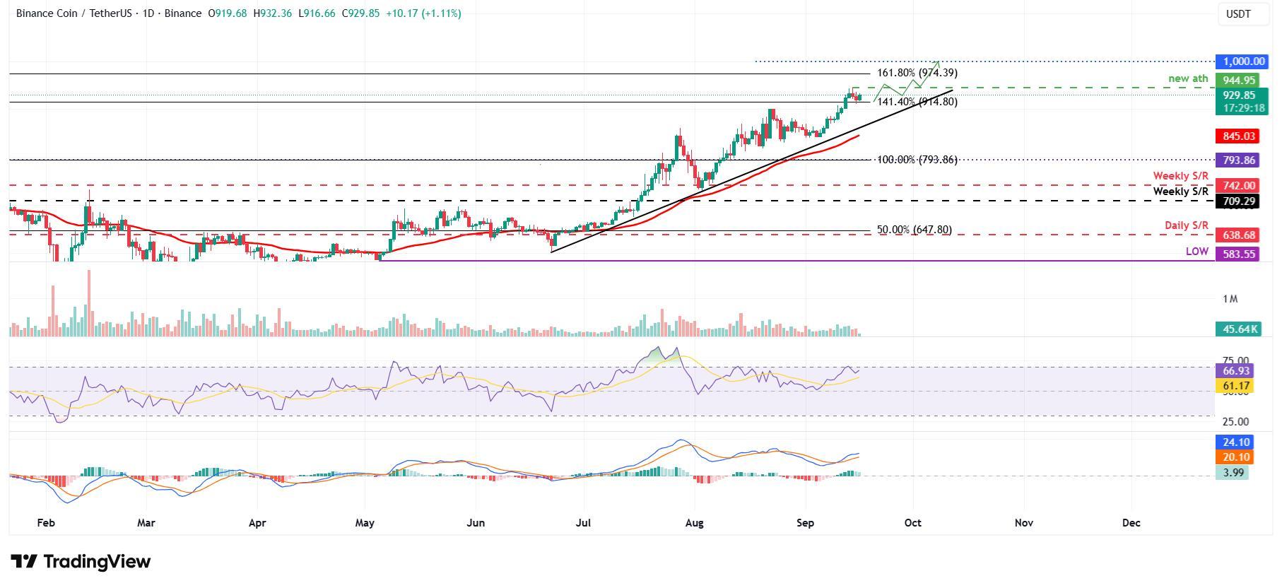 نمودار روزانه BNB/USDT و تحلیل فنی برای پیش بینی قیمت BNB.