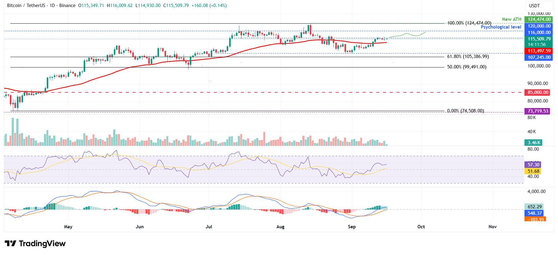 نمودار روزانه BTC/USDT برای پیش بینی قیمت بیت کوین