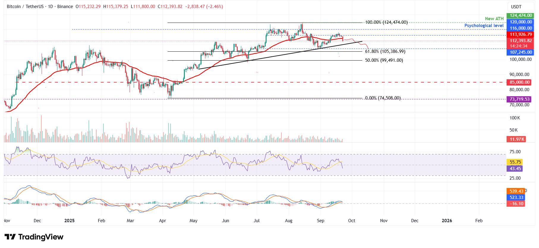 نمودار روزانه BTC/USDT برای پیش بینی بیت کوین