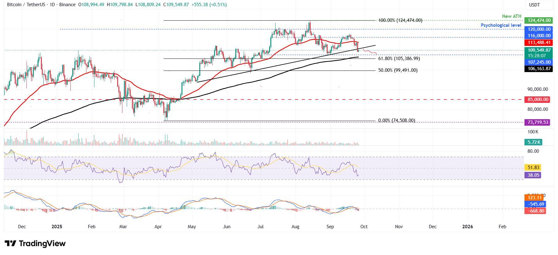 نمودار روزانه BTC/USDT در تحلیل ریزش بیت کوین