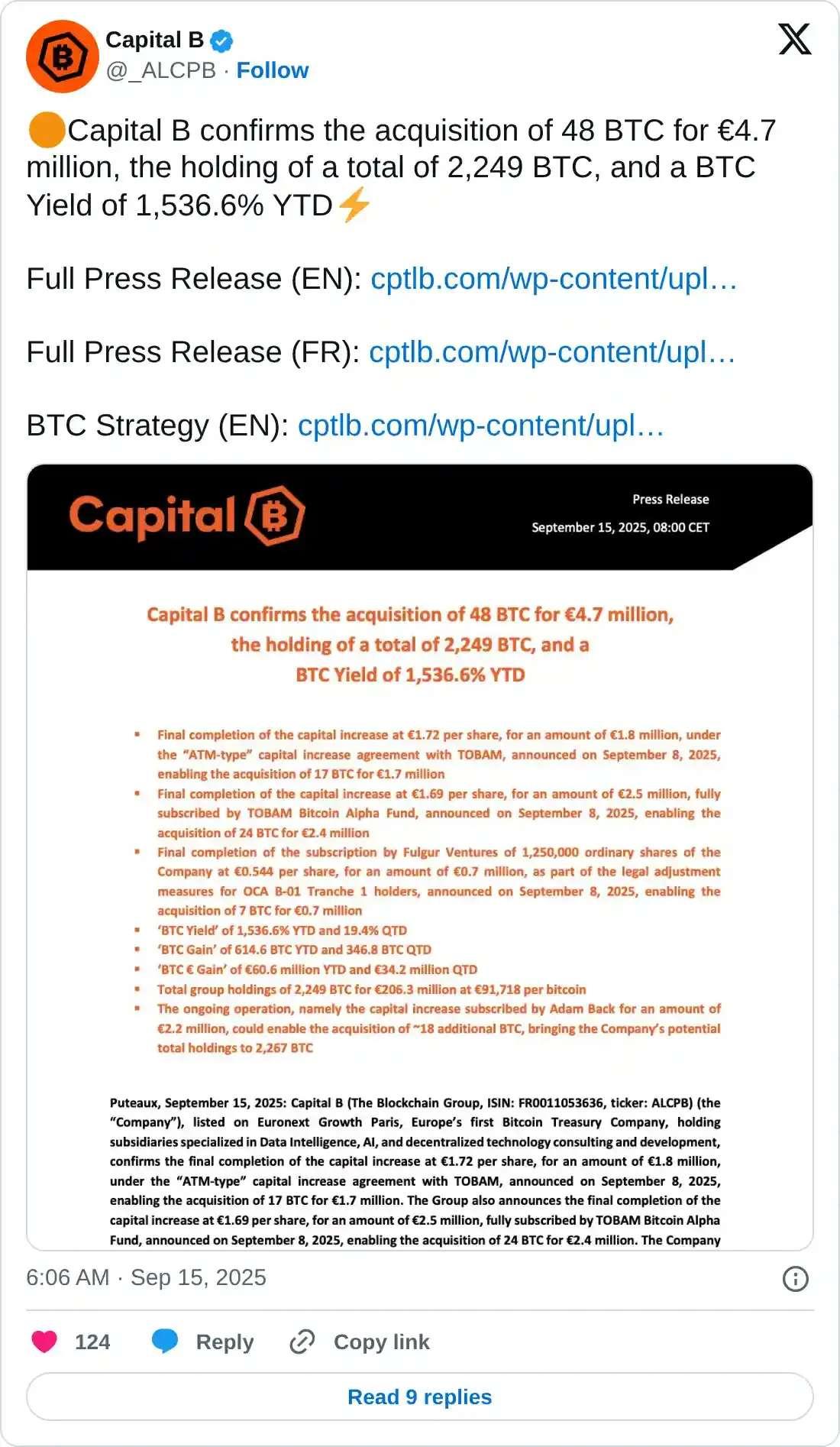 اعلامیه Capital B درباره افزایش ذخایر بیت کوین