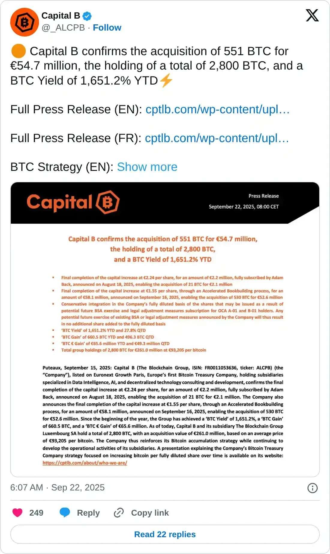 توییت شرکت Capital B درباره خرید بیت کوین و پیش بینی بیت کوین