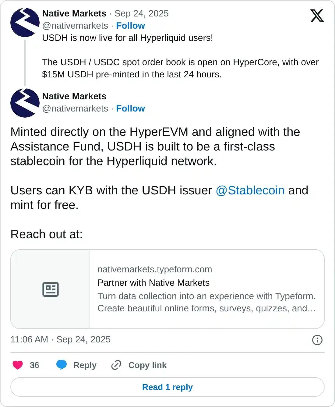 توییت Native Markets درباره راه اندازی USDH که می تواند به رشد هایپرلیکوئید با USDH کمک کند