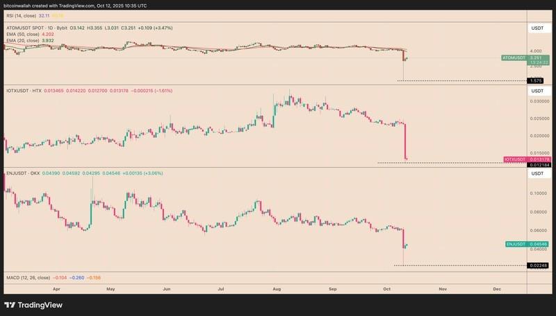 مقایسه نمودار یک روزه ATOM/USDT, IOTX/USDT, ENJ/USDT در چندین صرافی برای بررسی علت صفر شدن آلت کوین بایننس