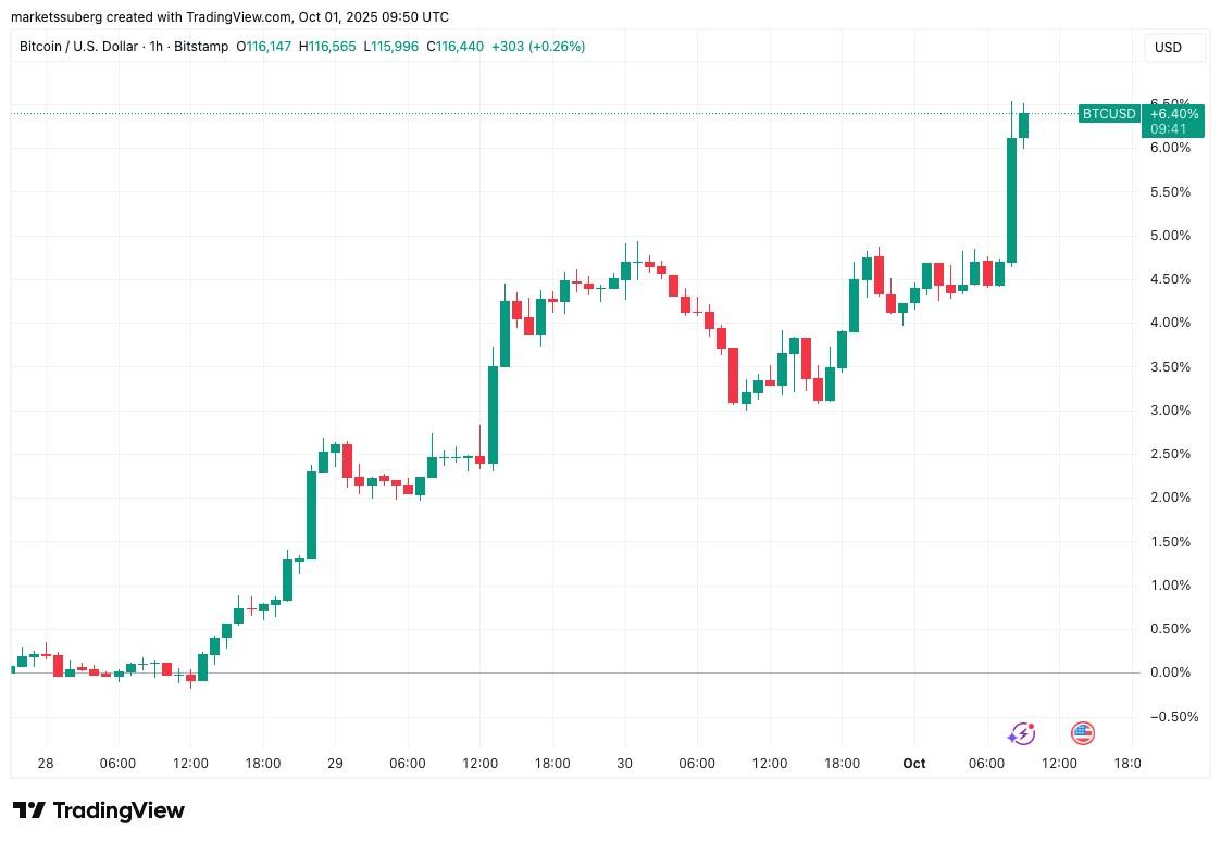 نمودار یک ساعته BTC/USD و پیروی بیت کوین از طلا