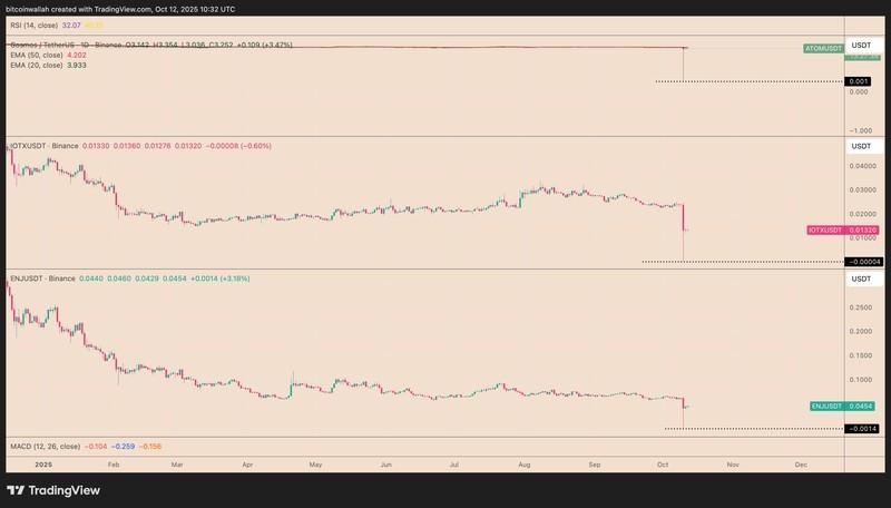 نمودار یک روزه ATOM/USDT, IOTX/USDT, ENJ/USDT در بایننس و علت صفر شدن آلت کوین بایننس