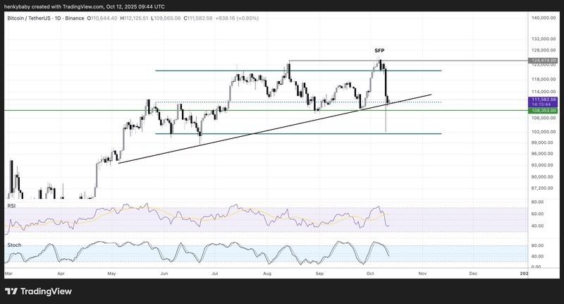 نمودار یک روزه BTC/USD با RSI و Stochastic RSI و پیش بینی برگشت بیت کوین
