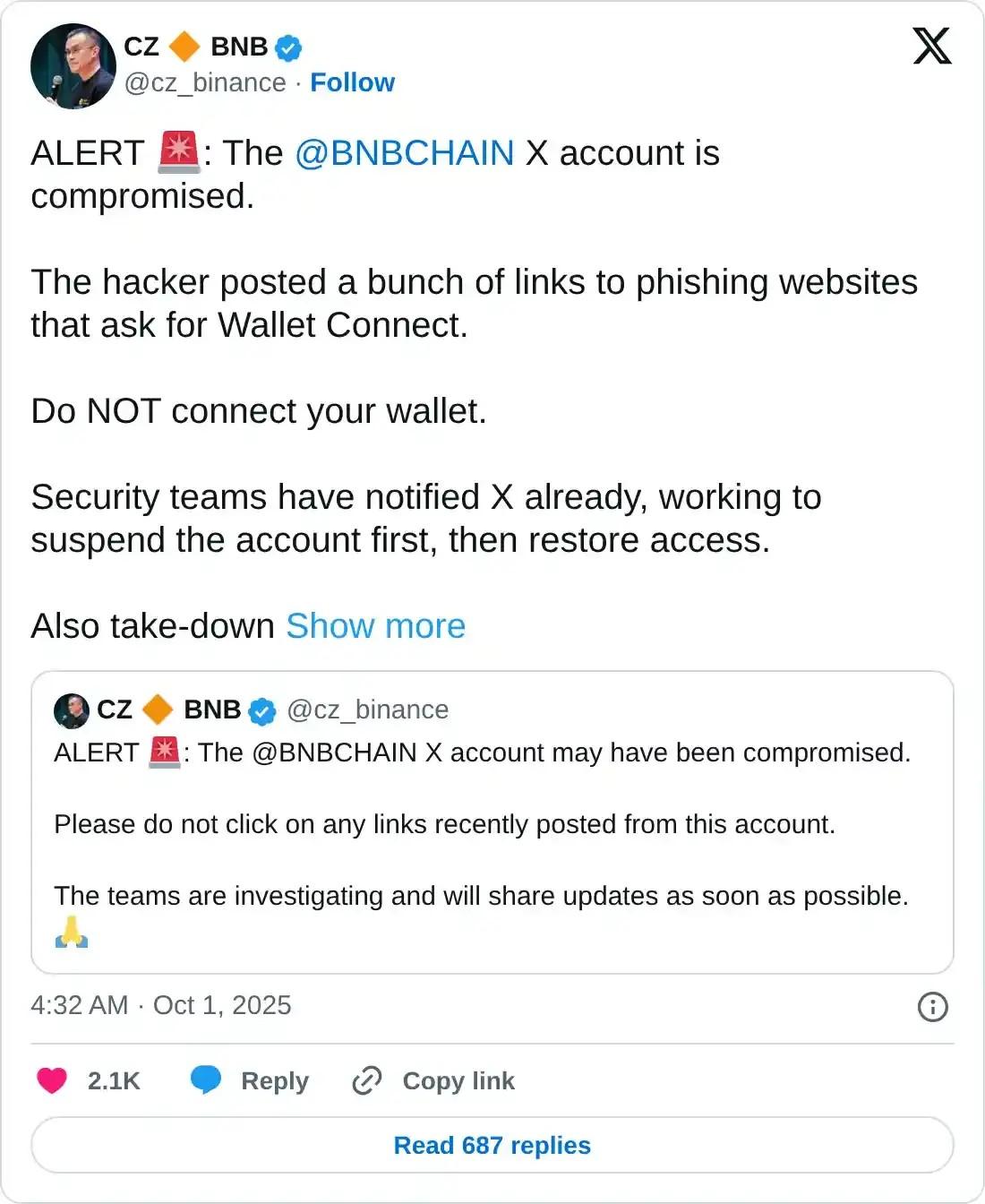 هشدار چانگ پنگ ژائو درباره هشدار فیشینگ BNB Chain