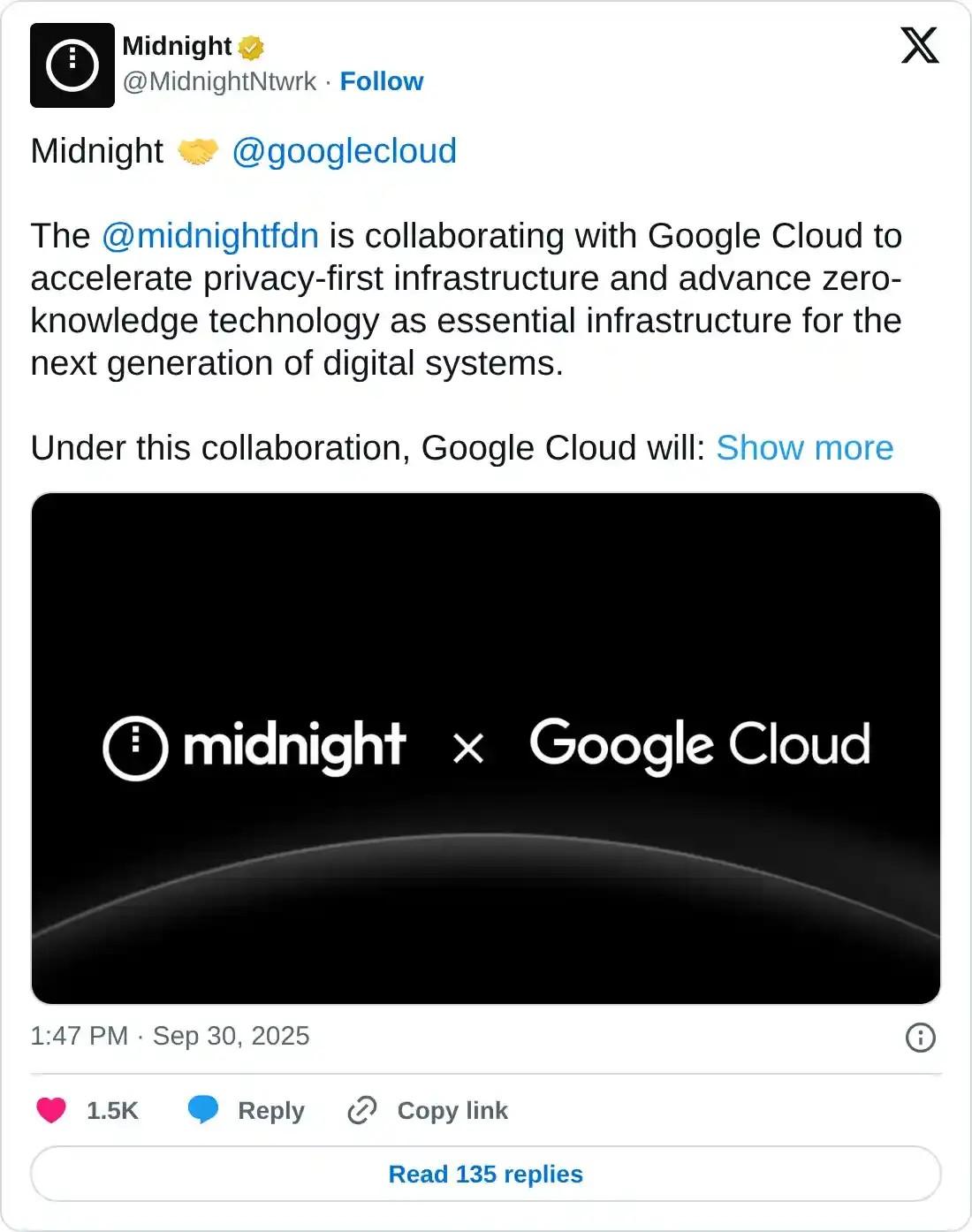 تصویر پست Midnight Network درباره همکاری کاردانو و گوگل