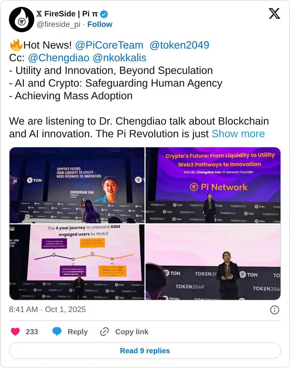 تصویری از سخنرانی چنگ دیائو فن در Token2049 و پیش بینی قیمت پای نتورک