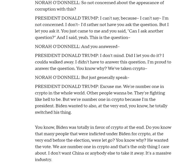 رونوشت مصاحبه ترامپ و سوالات حذف شده در مورد دلایل عفو CZ